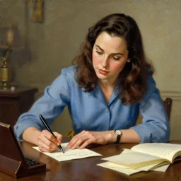 1950 painting of Gal Gadot writing a letter