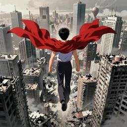 tetsuo over neo - tokyo, floating with red cape over shoulders, ruins of neo - tokyo from akira | anime, matte painting, dystopian megacity neo - toky, o akira, shaded perfect, fine details. realistic shaded lighting anime manga!! artwork by katsuhiro otomo!!, akira, artgerm, jeremy lipkin and michael garmash and rob rey
