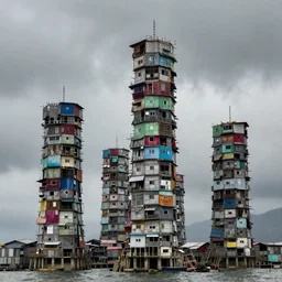 towers, made up of makeshift squatter shacks with faded colours in philippines, on the coast, moody cloudy sky, uneven fog, dystopia, mamiya, f 1 1, fully frontal view, very detailed, photographed by jeanette hagglund