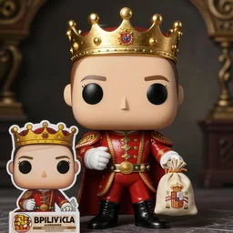 A funko pop of Spanish king Juan Carlos with a bag of money on his hands