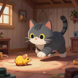 a grey cat is chasing a yellow rat in a small cabin, dramatic lighting, 3 d anime, pixel art