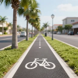 depth of field 3 d render of sidewalk with bike path, palm trees, accessible for the disabled, by professional photographer, 8 k resolution, photo, high quality