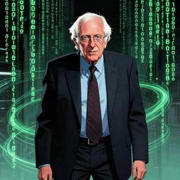 Bernie Sanders as Neo in the Matrix, in a matrix comic book, with matrix code swirling all around
