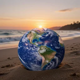 earth chilling on the beach, sunset