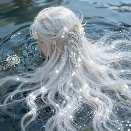 ultra realistic beautiful glowing sparkling shimmering ethereal white hair submerged in water fantasy art, elegant hair, complex design hair, ultra realistic, wide angle, intricate details, fantasy artifacts, highly detailed by peter mohrbacher, hajime sorayama, wayne barlowe, boris vallejo, aaron horkey, gaston bussiere, craig mullins