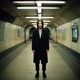 fujifilm superia photo of uncanny valley asian puppet, in the empty london underground, dirty, grainy, liminal