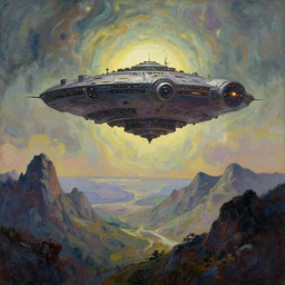 scifi spaceship looming above mountains. gouache fairytale art, russian romanticism, muted palette, psychedelic art, backlighting