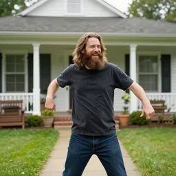 bearded long - haired bo burnham outside of his house, smiling and dancing extremely happily, ultra - realistic, 8 k