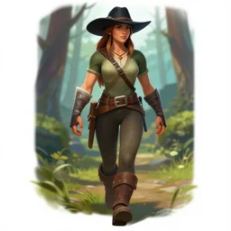 Full body Hearthstone official professional art, with realistic beautiful body & face & eyes. A hunter walking in the forest with a black hat. Completly coherent and well drawned physical body parts, ArtStation. Very detailed hands with 5 coherent fingers.