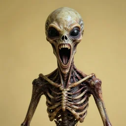 humanoid with crooked teeth, two shallow black eyes, long open black mouth, alien looking, big forehead, horrifying, killer, creepy, photo turning slightly yellow, long open black mouth, dead, looking straight forward, realistic, long open black mouth, slightly red, long neck, boney, monster, tall, skinny, skullish, deathly, in the style of alfred kubin