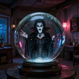 krystal ball posing as a vampire in gothic clothing in a rustic apartment during night, neon lights