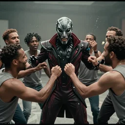 The scene in Morbius where Dr. Michael Morbius (Jared Leto) morbs all over those guys, shot on Kodak Vision 200T, 8k, cinematography,