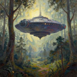 scifi spaceship looming above woodlands. gouache fairytale art, russian romanticism, muted palette, psychedelic art, backlighting