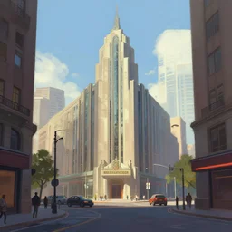 A digital concept art painting of a street-level view of an art deco city, by greg rutkowski, trending on artstation