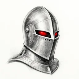 a very elegant sketch of a fantasy knights helmet with glowing red eyes coming through it, a mixture of pen and pencil, white and black, master of art