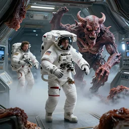 movie still frame, astronaut pursued by demon of meat and tails inside space station, nitrogen fog, intricate details, beautiful composition, hd, 8 k, cgi, by ridley scott, james cameron, zack snyder and michael bay