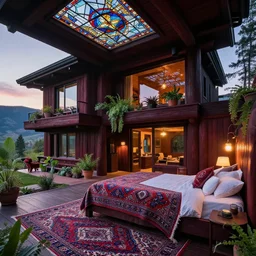 award winning design master bedroom of an all black psychedelic modern ecopunk frank lloyd wright shotgun house mansion made entirely of redwood in the mountain valley of colorado during sunset with soft lamp light, lots of plants and stained glass ceilings and persian rugs