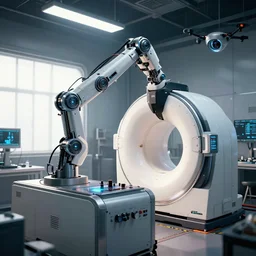 ( cyberpunk 2 0 7 7, bladerunner 2 0 4 9 ), a complex thick bifurcated robotic cnc surgical arm cybernetic symbiosis hybrid mri 3 d printer machine making a bio chemical lab, knobs, natural light in room, drone camera lens orbs, global illumination, octane render, architectural, f 3 2,