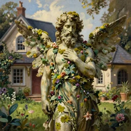 a majestic male garden angel with a beard made of moss, he is clothed in vines and flowers standing in front of a beautiful cottage, an oil painting by ross tran and thomas kincade