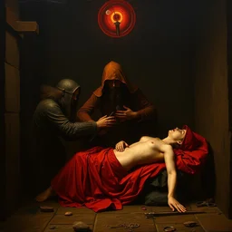 trials of the scarlet woman by caravaggio adolf wolfli jan van eyck william blake piranesi, hardship, prone woman, torturer, agony, dungeon prison, ecstatic visions, conical red hood, red gold emerald