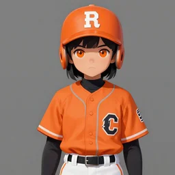 A young girl with orange eyes wearing an orange baseball uniform, matte painting by Artgerm