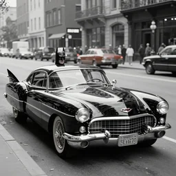 vintage photo of batman driving a cadillac series 6 2 styled batmoblie, by norman bel geddes, on the streets of gotham