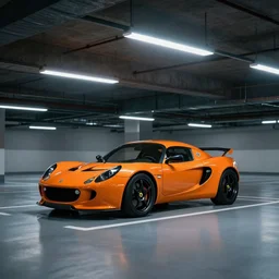 highly detailed underground parking garage showcasing a single lone sparkly orange Lotus Elise, fluorescent ceiling lights, by Beeple and Syd Meade, concept art, octane render, 8k HDR, artstation
