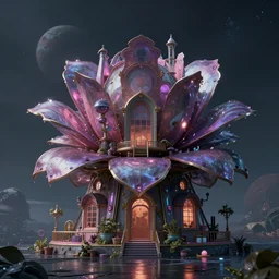 humongous technologic flower house on a dusky planet, spooky, retrowave, art by warner bros, smooth, cinematic, wet reflections, ray tracing x, rtx, smooth