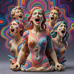 3d print clay crafting of Emma Watson by Jean-Baptiste Carpeaux and Luo Li Rong and Michael James Talbot, all body, very emotional screaming expressions, perfect symmetrical face, colorful, psychedelic psychedelic psychedelic  psychedelic acid colors, retrowave ((synthwave)), in full growth, elegant, realistic, 8K, female full-skin figure, hyperrealism, subsurface scattering, raytracing, rim light, Octane Render, Redshift, Zbrush, complex psychedelic glitch background
