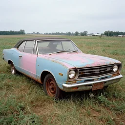 A photograph of a $$$rusty$$$, worn out, broken down, beater Powder Blue Dodge Aspen (1976) in a farm field, photo taken in 1989