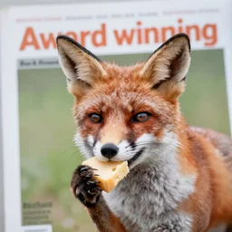 award winning portrait of a fox eating cheese, on the cover of a magazine, soft focus,