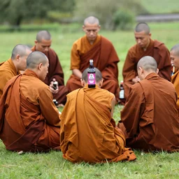 group of monks worshiping a bottle of buckfast