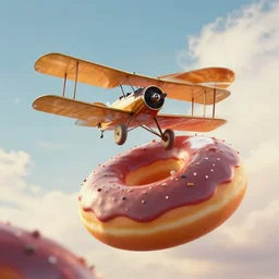 photoshop image of biplane flying through giant donuts in the sky surreal