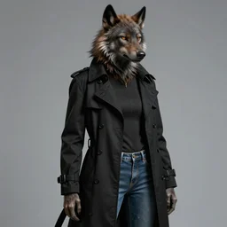female transformed werewolf dressed in a buttoned up black trench coat and jeans hyper detailed and intricate hyper maximalist hyper realistic photorealistic highlights and shadow ray traced ultra - hd 3 2 k post - processing super high resolution