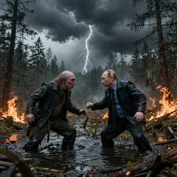Putin fights Gollum in thunderstorm, swamp, ultra realistic, surrounded by burning forests,