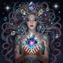 psychedelic, intricate, highly detailed, digital painting, 4k, illustration, beautiful seductive woman holding a crystal containing the universe, with professional makeup,  long trippy hair, surrounded by gems, underneath the stars, trending on patreon, deviantart, twitter, artstation, volumetric lighting, heavy contrast, by artgerm and Greg Rutkowski and alphonse mucha