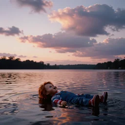 glossy film photography of sunset clouds with a calm lake in the background and a screaming chucky swimming ashore by greg rutkowski cinematic 3 5 mm