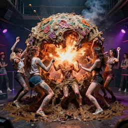 a hideous glob of what looks like people, but is actually a pile of diarrhoea, covered in floral tattoos dancing in a radical squid designed nightclub, moulded around a group of teens on drugs. dynamite has just exploded from inside their chests.