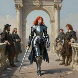 young redhead pale woman in dark and blue princess dragon armor, she is holding a sword, walking on an ancient neoclassical bridge. by henriette ronner - knip, by william henry hunt, by rembrandt, by joseph mallord william turner, by konstantin razumov, concept art,