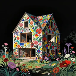 ( ( gediminas pranckevicius ) ) house by kengo kuma, art by syd mead and malevich, very coherent, sharp, colorful high contrast, dark shadows, hard lighting, floralpunk flower garden, inking etching screen print paper cutout collage