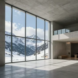 extremely beautiful softly lit interior photo of a remote futuristic concrete monastery interior with floor to ceiling windows, black snowy mountains in the distance with white clouds, sharp focus, clear focus, beautiful, award winning architecture, hopeful, quiet, calm, serene, extremely beautiful lighting, cinematic composition by dennis villeneuve, christopher nolan, frank lloyd wright, modern, render, architectural, architecture, realistic, clear