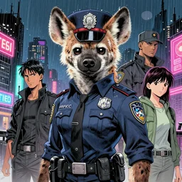 beautiful portrait commission of a female furry anthro hyena fursona wearing a police uniform. Cyberpunk city at night in the rain. Neon light. Atmospheric. Character design by charlie bowater, ross tran, artgerm, and makoto shinkai, detailed, inked, western comic book art