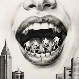 drawing of 1 4 tiny jokers crawling out the mouth of gotham city's finest investigative reporter, 4 k art by brian bolland