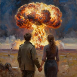a couple holding hands looking at a nuclear explosion, oil painting, realism, very beautiful, painting by marc davism stanhope forbes