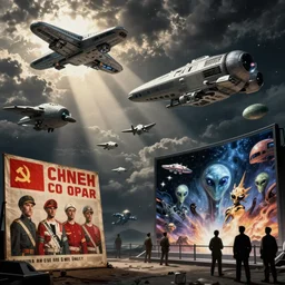 war of the worlds and space invaders scene, communist outfit propaganda, alien style, starships