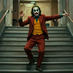 joker dancing on the stairs, cinematic still from joker ( 2 0 1 9 ), n - 9