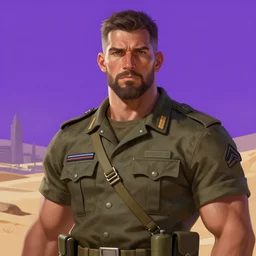 purple scene lighting, detailed character portrait!!! concept art, strong muscular white male, soldier with beard, short hair, in a soldier uniform, desert with city in the background, sharp focus, illustration, highly detailed, digital painting, concept art, matte, art by wlop and artgerm and greg rutkowski, masterpiece