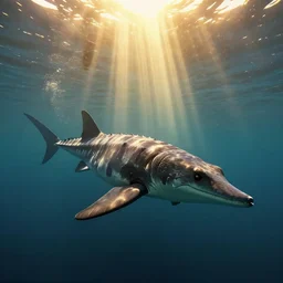 underwater view of a long neck, large body plesiosaurus, octane render, cinema 4 d, light rays, cinematic lighting, golden ratio, underwater photography, realistic, volumetric lighting, wildlife documentary, by greg rutkowski