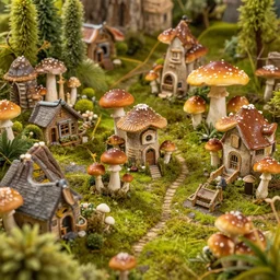 close up photograph of small scale mushrooms village, fantasy world