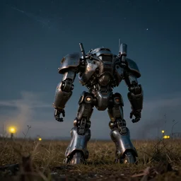 a lonely big giant mechanical weapons battle armor mechwarrior on a patch of withered grass watching a shooting star, dim sky, some smoke, a little bit yellow lights, smooth, sharp focus, superior quality, 8 k, cinematic lighting, octane render, wide angle, by bilibin, kuvshinov, malevich and mucha